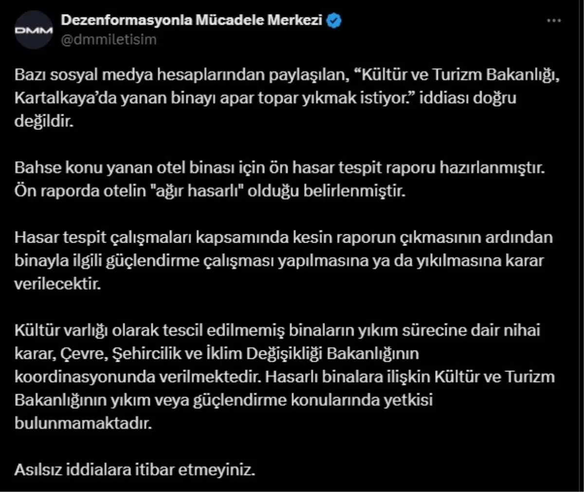 Kartalkaya’daki Yanan Otelin Yıkım İddiaları Asılsız